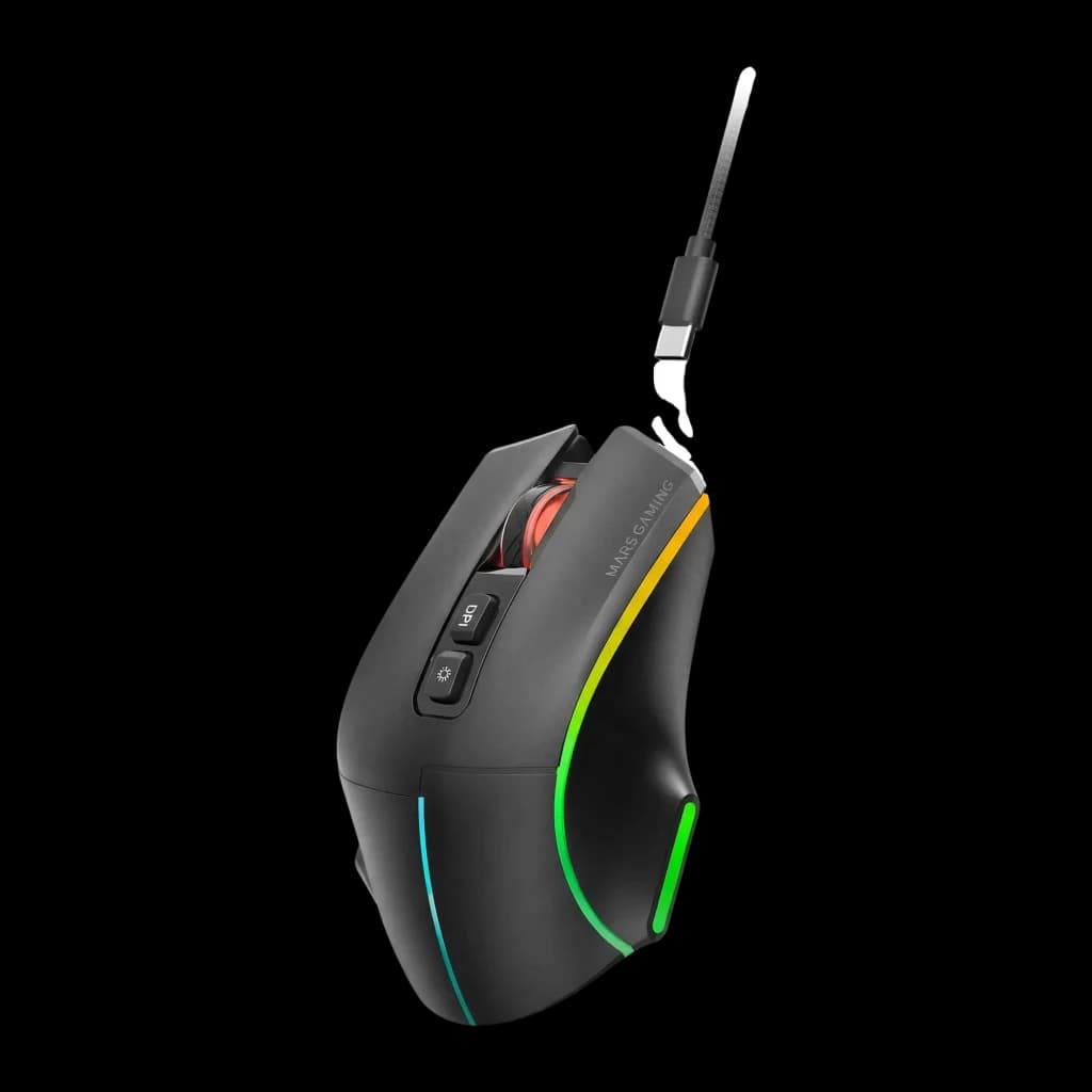 Souris Gaming Mars Gaming Sans Fil 12000 DPI Blanc MMW-VECTOR, vue latérale gauche: molette rouge, boutons DPI, éclairage