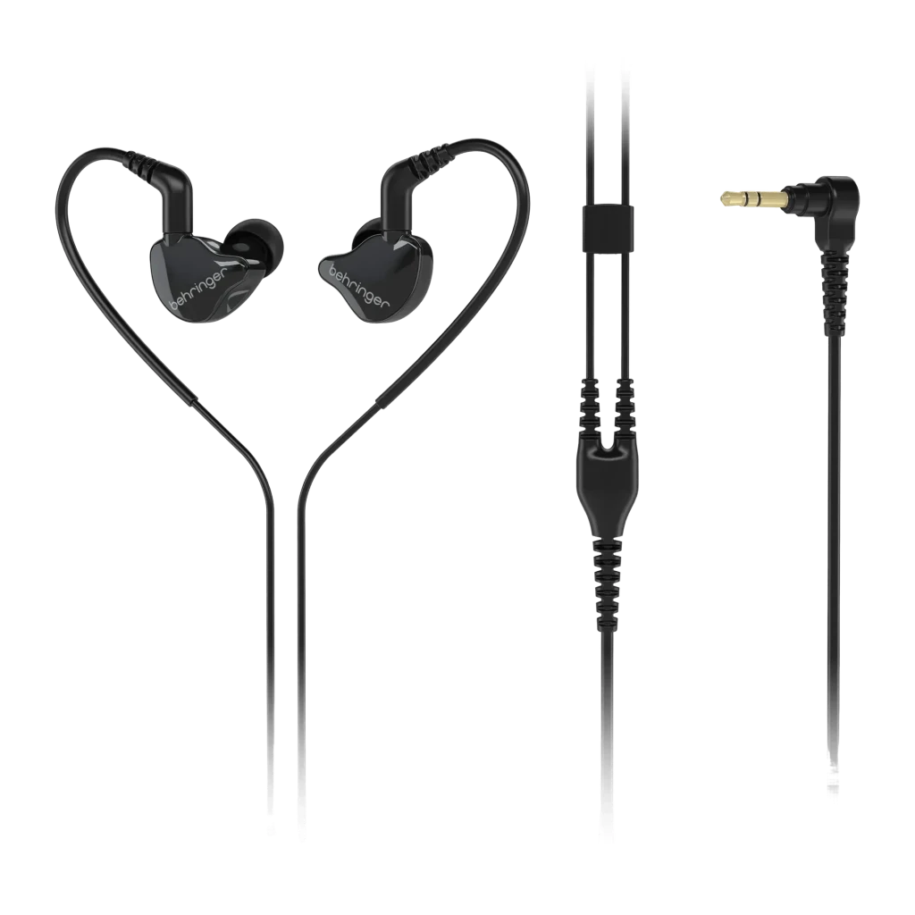 Écouteurs Behringer MO240-CK PRO In-Ear Jack 3,5 mm 32Ω Dual Driver, vue de face: deux moniteurs noirs avec câble en boucle