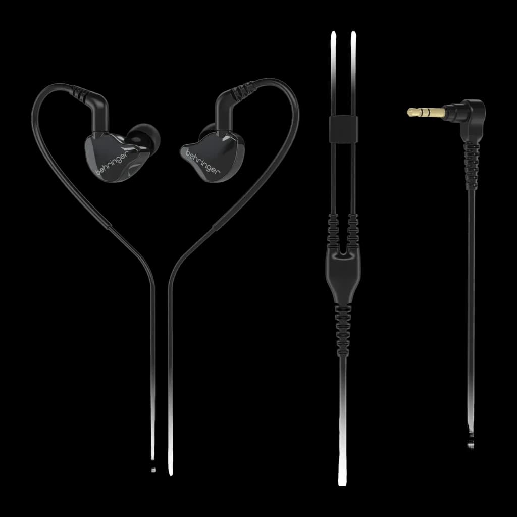 Écouteurs Behringer MO240-CK PRO In-Ear Jack 3,5 mm 32Ω Dual Driver, vue de face: deux moniteurs noirs avec câble en boucle