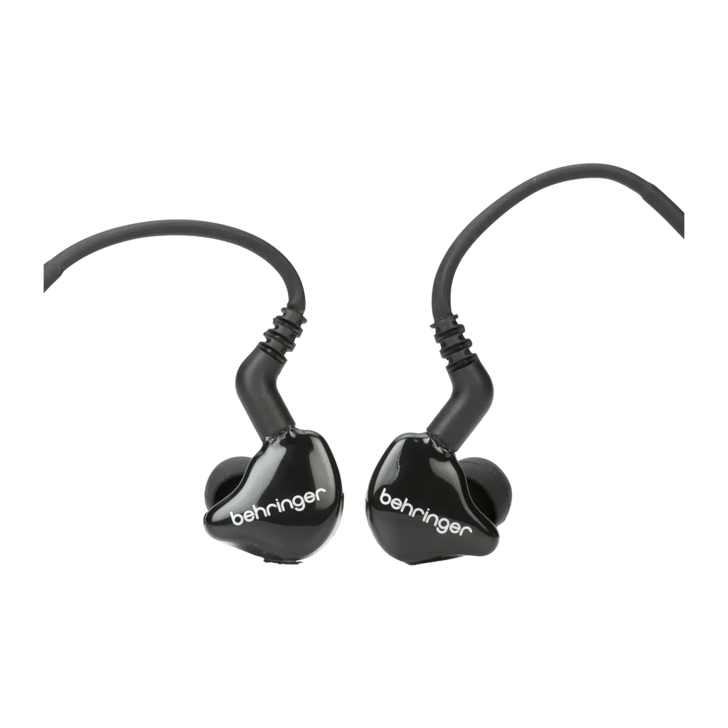Écouteurs Behringer MO240-CK PRO In-Ear Jack 3,5 mm 32Ω Dual Driver, détail: coques noires brillantes avec logo behringer