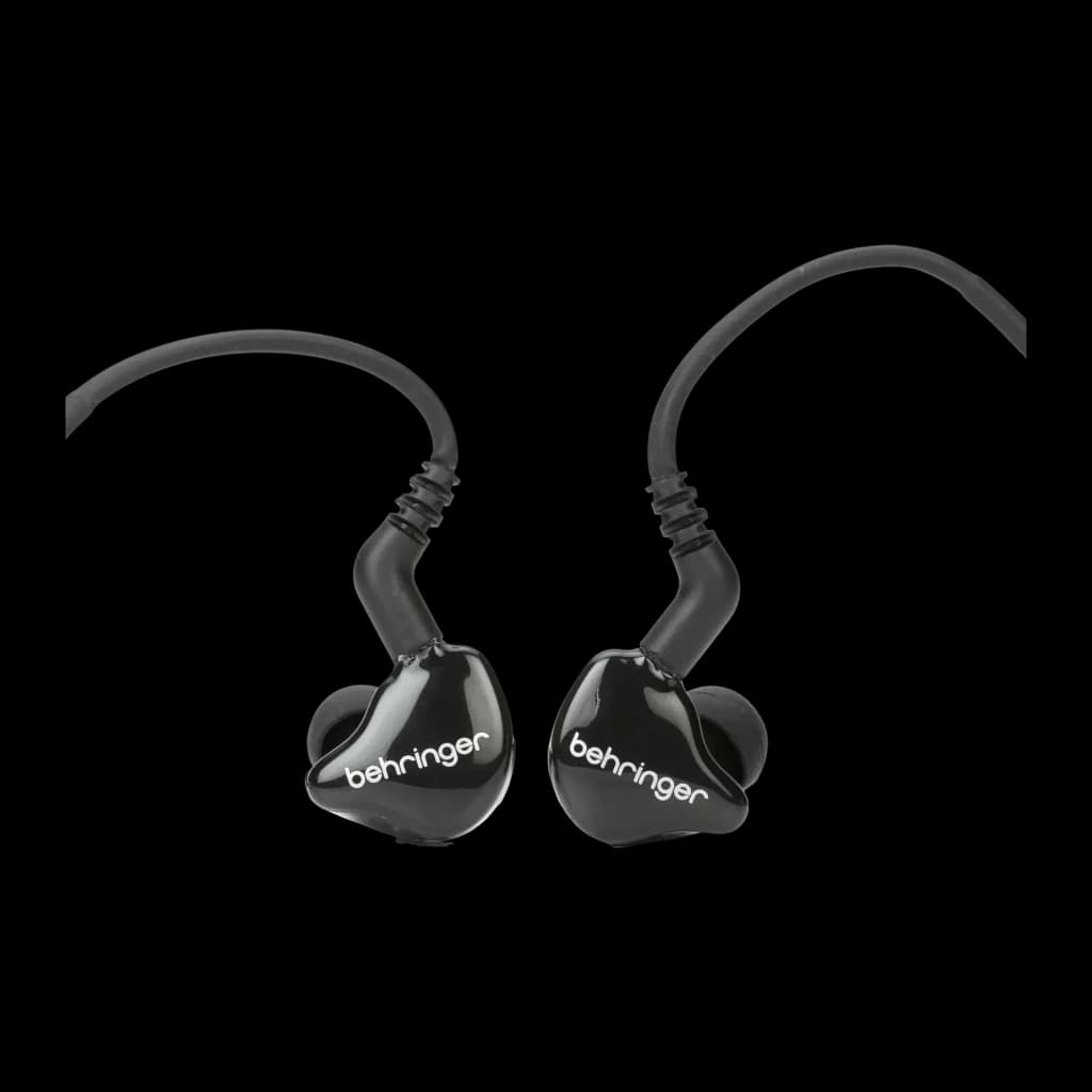 Écouteurs Behringer MO240-CK PRO In-Ear Jack 3,5 mm 32Ω Dual Driver, détail: coques noires brillantes avec logo behringer