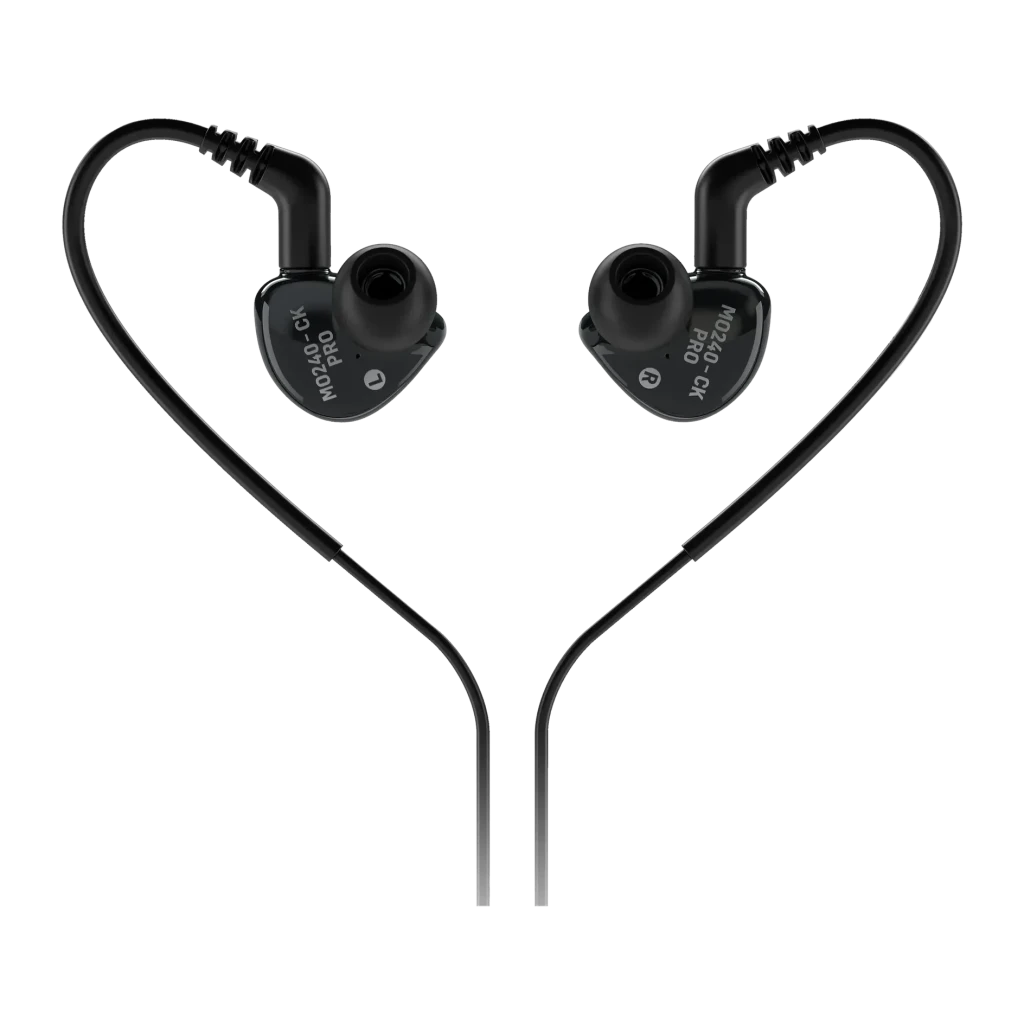 Écouteurs Behringer MO240-CK PRO In-Ear Jack 3,5 mm 32Ω Dual Driver, détail: les deux écouteurs noirs formant un cœur
