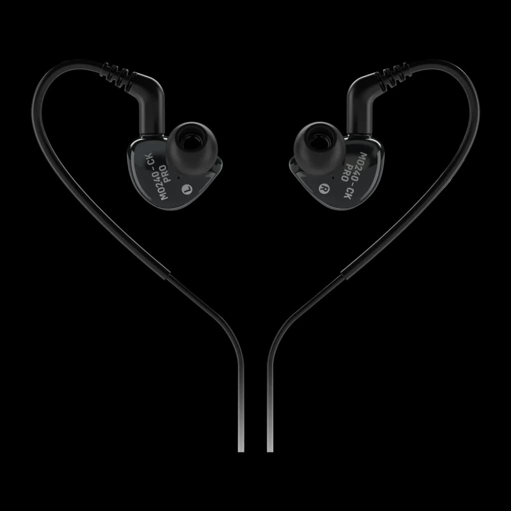 Écouteurs Behringer MO240-CK PRO In-Ear Jack 3,5 mm 32Ω Dual Driver, détail: les deux écouteurs noirs formant un cœur