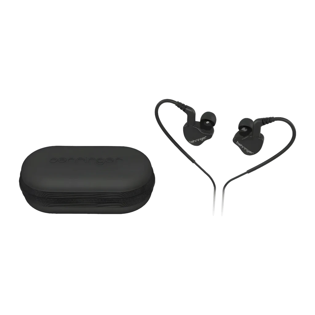 Écouteurs Behringer MO240-CK PRO In-Ear Jack 3,5 mm 32Ω Dual Driver, détail: écouteurs noirs avec guide d'oreille et étui
