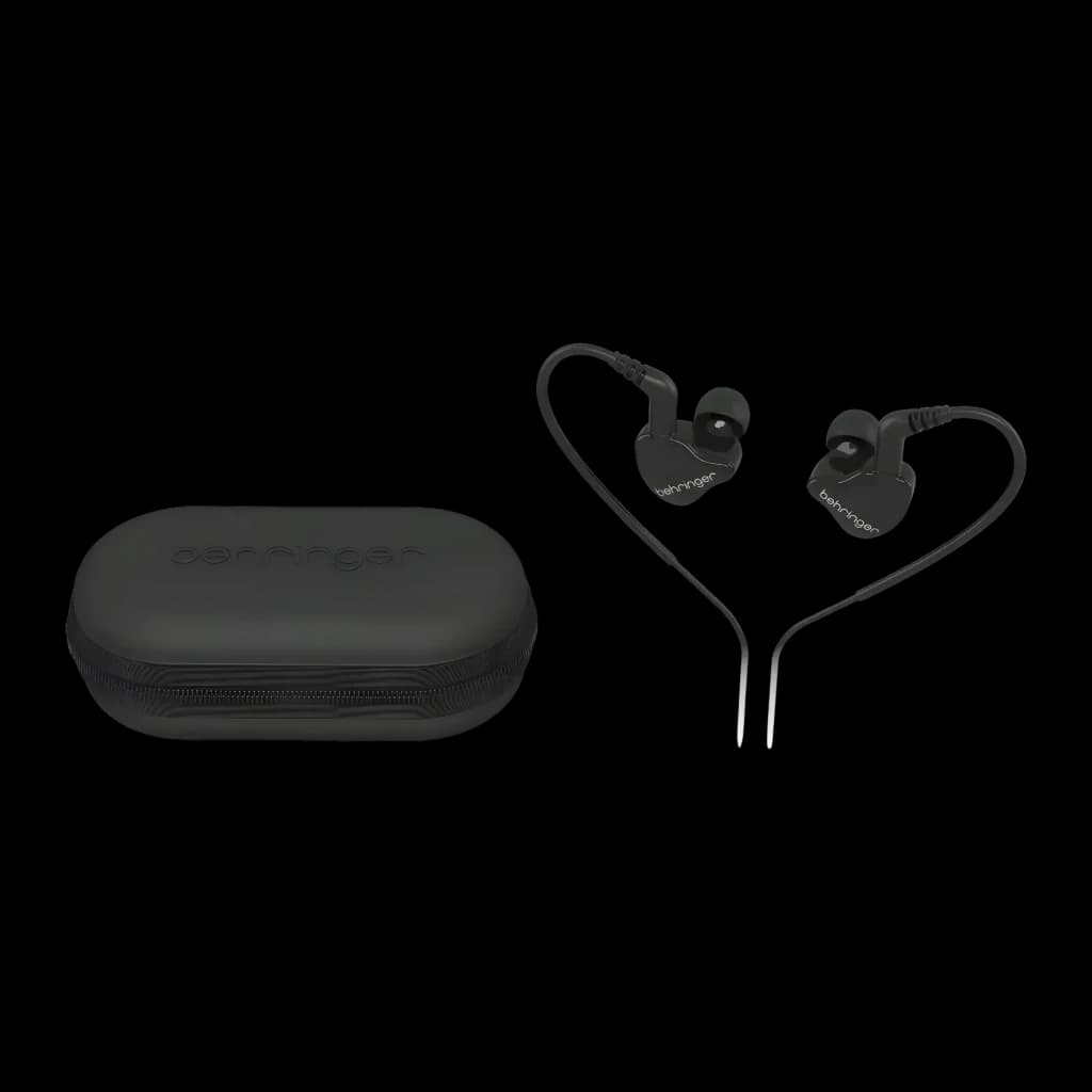 Écouteurs Behringer MO240-CK PRO In-Ear Jack 3,5 mm 32Ω Dual Driver, détail: écouteurs noirs avec guide d'oreille et étui