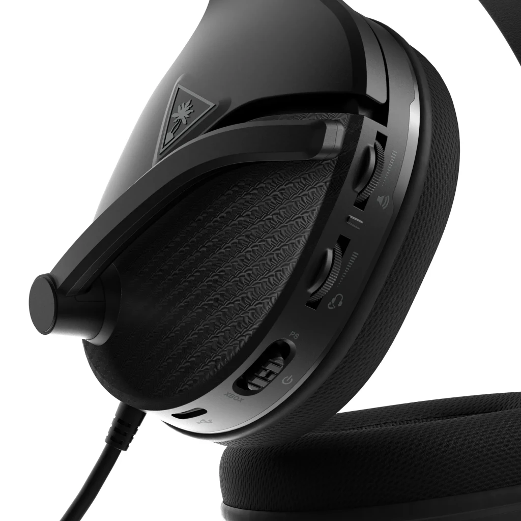 Auriculares Gaming Turtle Beach Recon 200 Gen 2 con Micrófono Diadema negro, detalle lateral: controles de volumen, botones