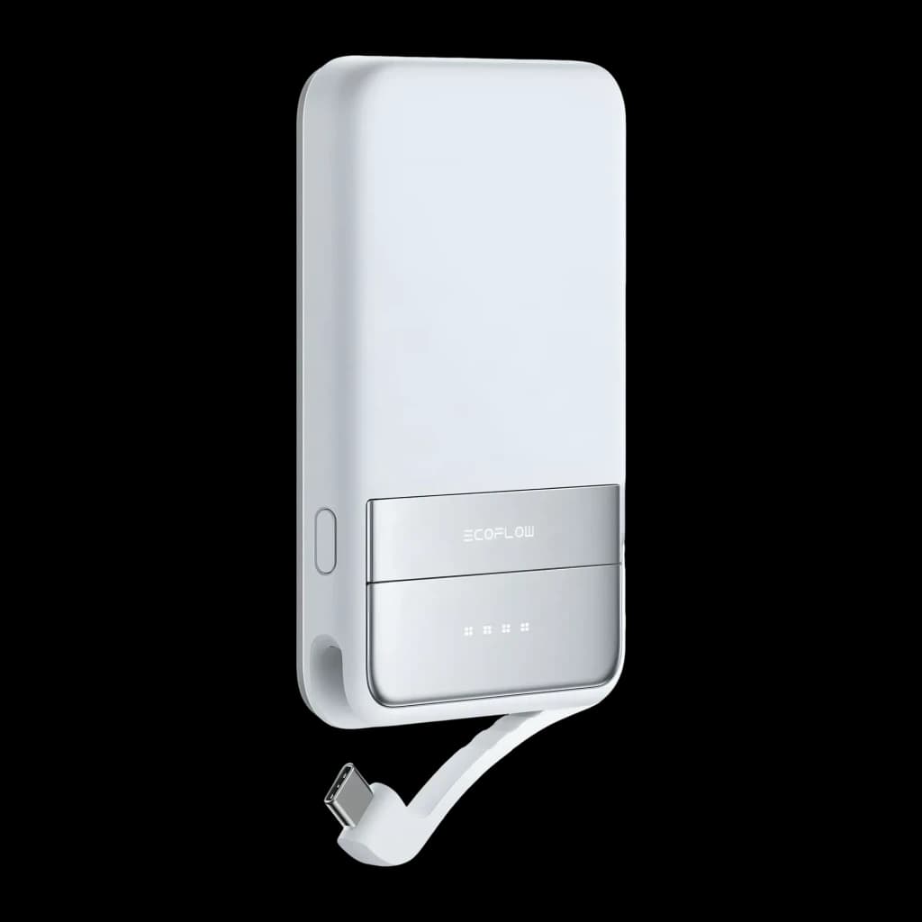 Power Bank EcoFlow RAPID 5000 5000mAh Bleu Qi2 15W Câble USB-C intégré 30W, vue avant en angle: corps blanc, logo EcoFlow