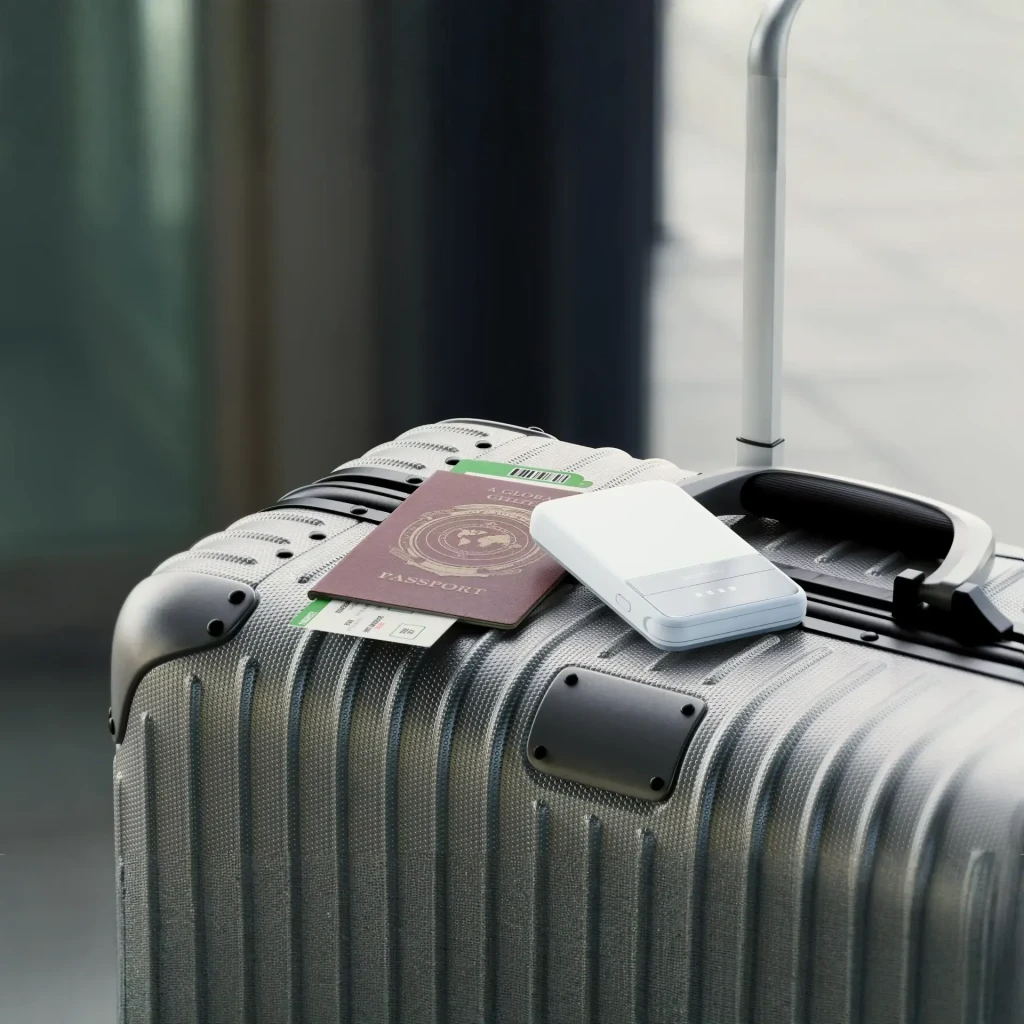 Power Bank EcoFlow RAPID 5000 5000mAh Bleu Qi2 15W Câble USB-C intégré 30W, scène voyage: sur valise grise avec passeport