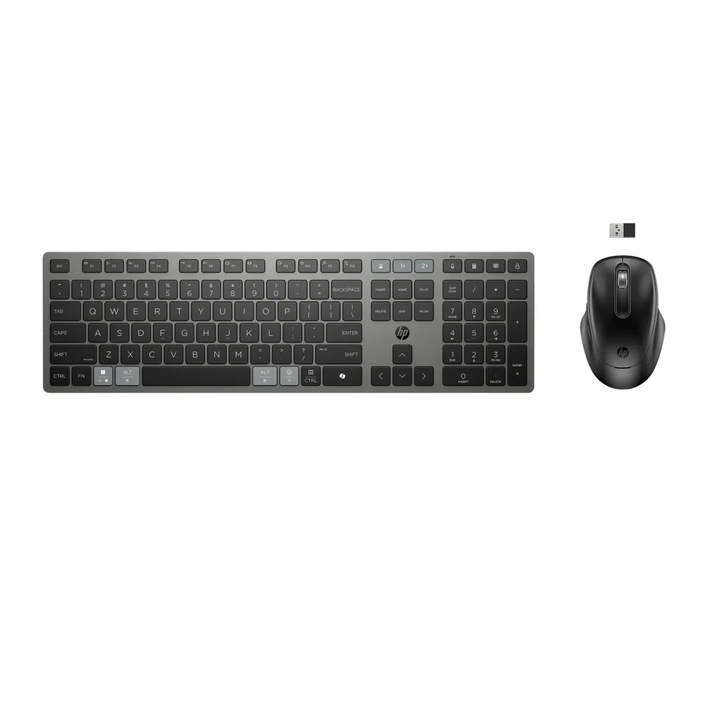 Combo Teclado y Ratón HP 725 Negro Inalámbrico Español, vista superior: teclado completo con numpad y ratón con receptor USB