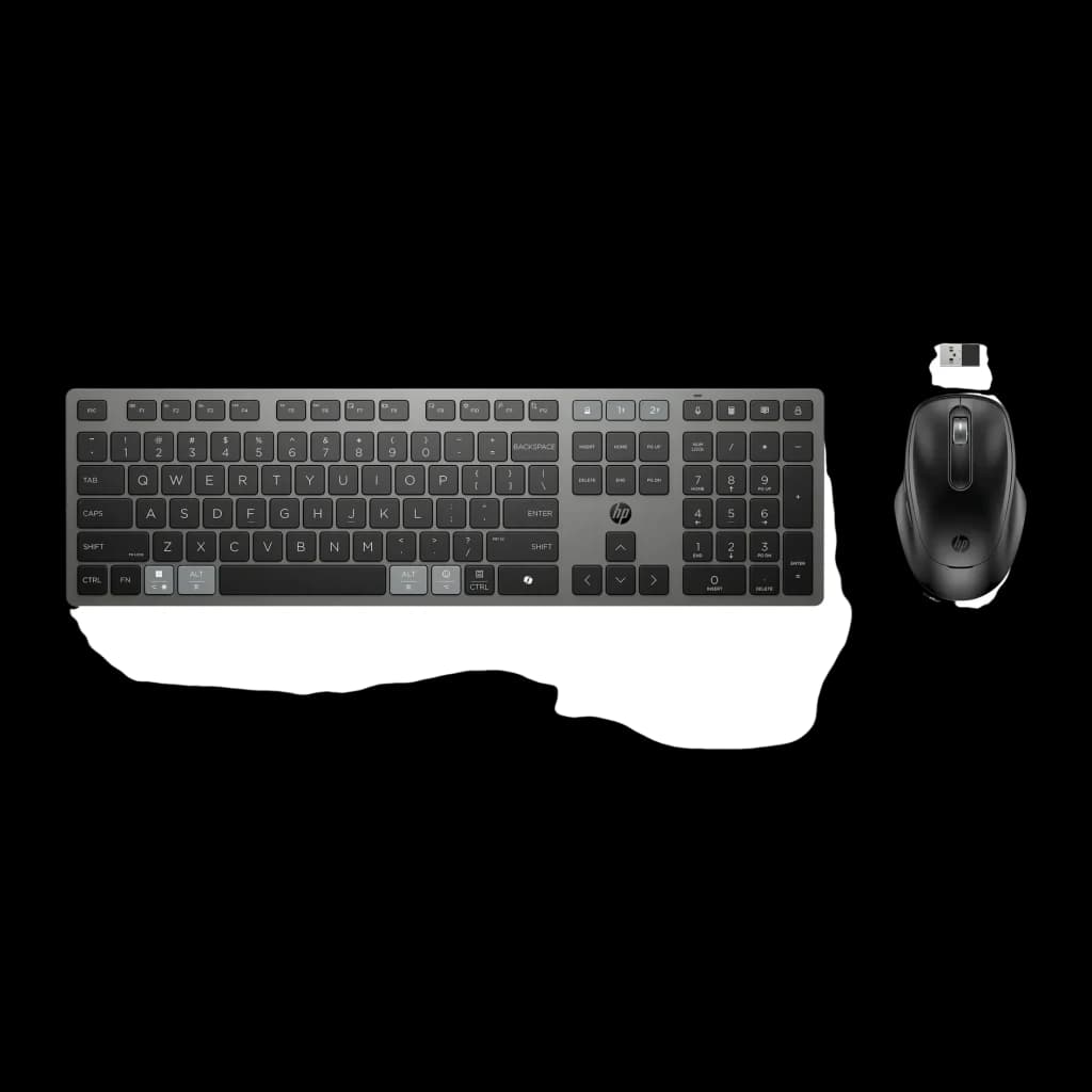 Combo Teclado y Ratón HP 725 Negro Inalámbrico Español, vista superior: teclado completo con numpad y ratón con receptor USB