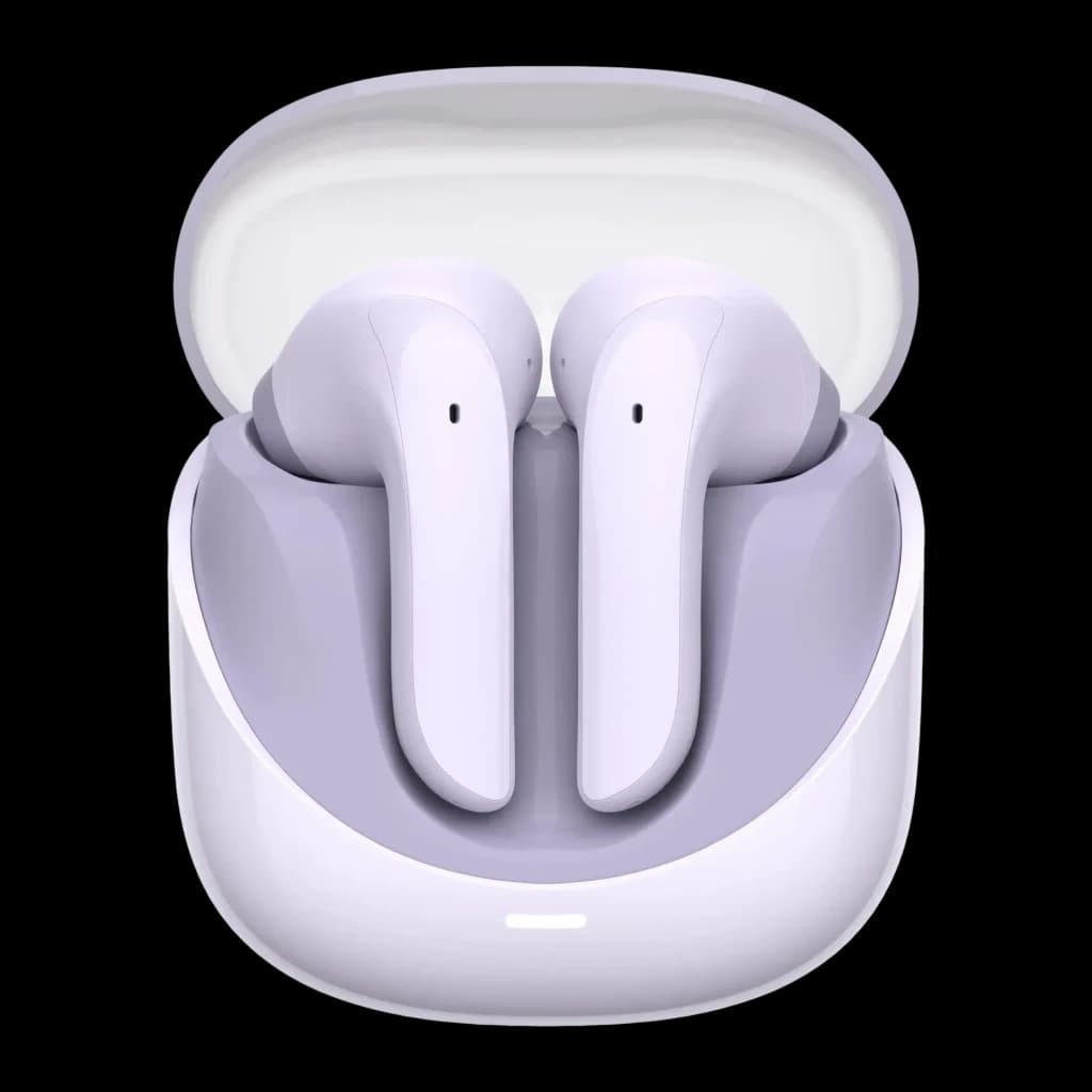Auriculares Havit Modern Buds In-Ear TWS Bluetooth 5.3 4,5h, vista frontal: ambos earbuds en estuche abierto, color lila