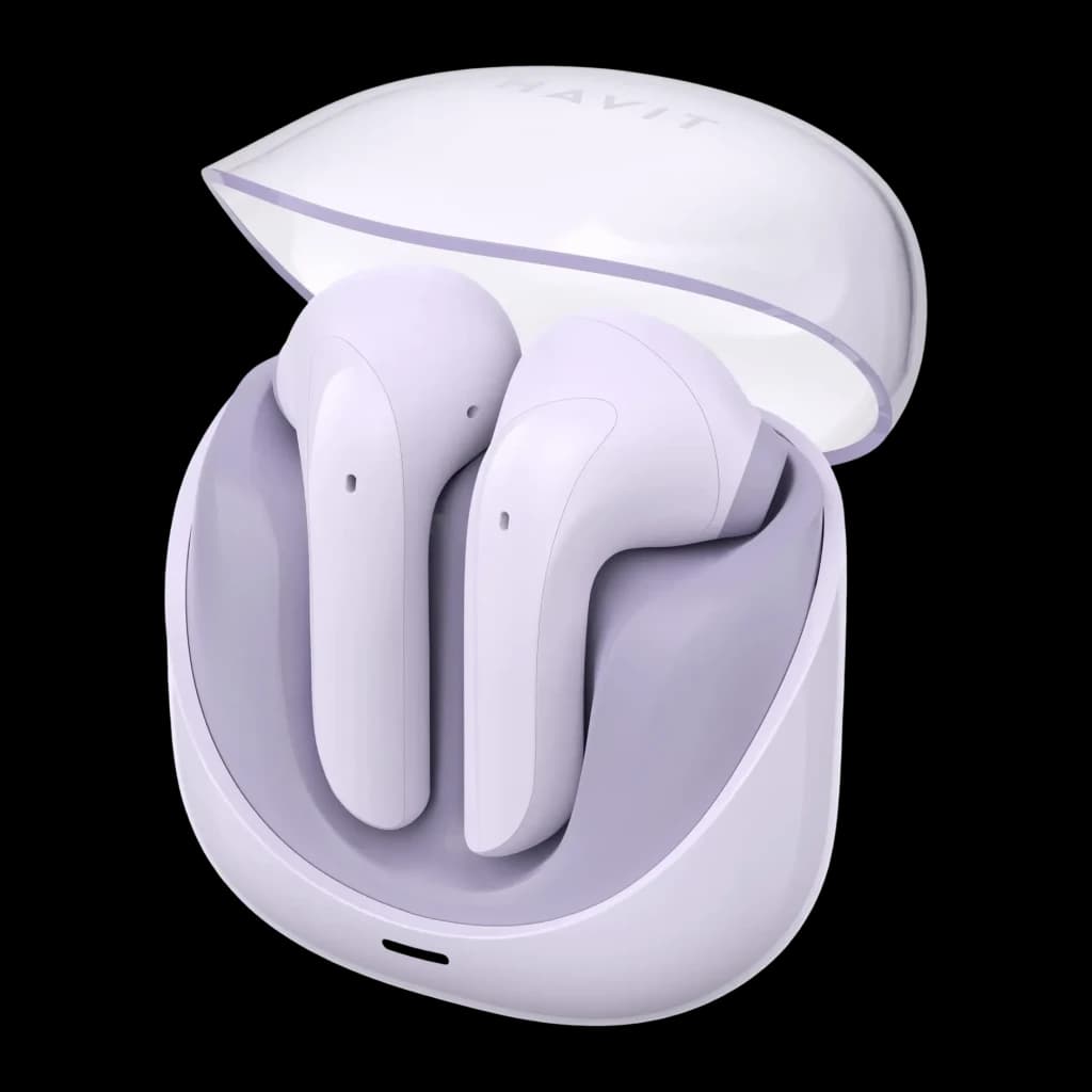 Auriculares Havit Modern Buds In-Ear TWS Bluetooth 5.3 4,5h, vista frontal: ambos earbuds lila en estuche abierto con logo