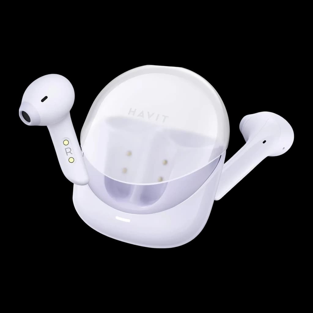 Auriculares Havit Modern Buds In-Ear TWS Bluetooth 5.3 4,5h, vista abierta: estuche transparente con ambos auriculares