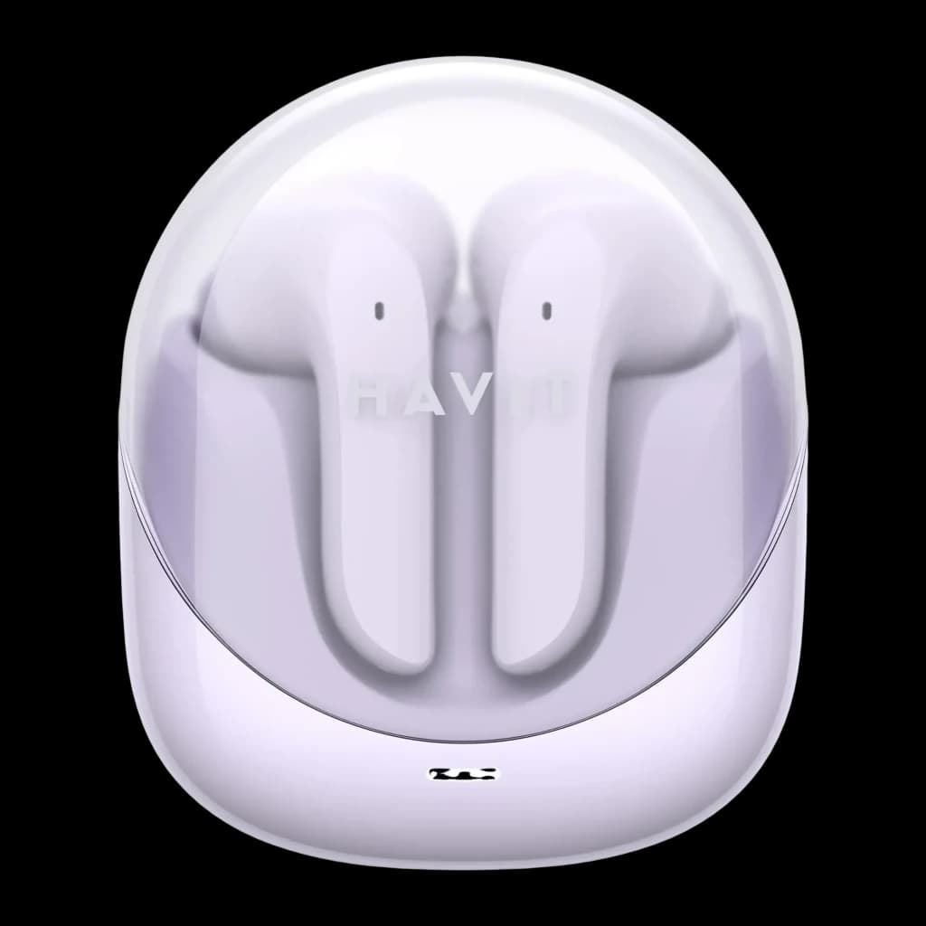 Auriculares Havit Modern Buds In-Ear TWS Bluetooth 5.3 4,5h, vista frontal: estuche lila transparente abierto con ambos