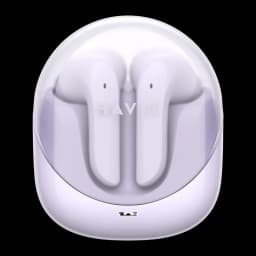 Auriculares Havit Modern Buds In-Ear TWS Bluetooth 5.3 4,5h, vista frontal: estuche lila transparente abierto con ambos