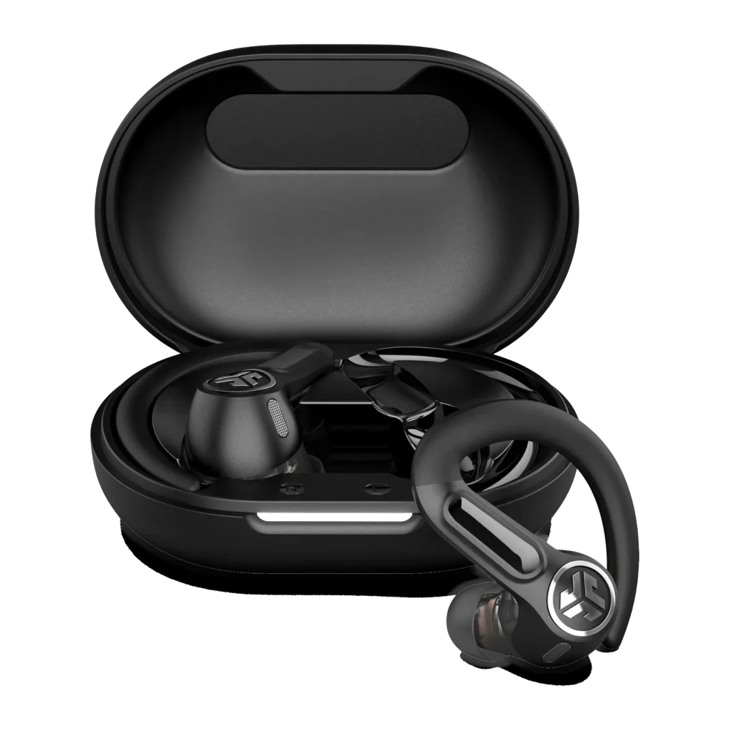 Auriculares JLab Audio Epic Sport ANC 3 Cancelación de Ruido híbrida ANC negro, vista frontal: estuche abierto con auricular