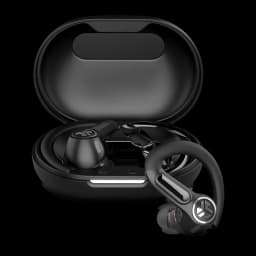 Auriculares JLab Audio Epic Sport ANC 3 Cancelación de Ruido híbrida ANC negro, vista frontal: estuche abierto con auricular