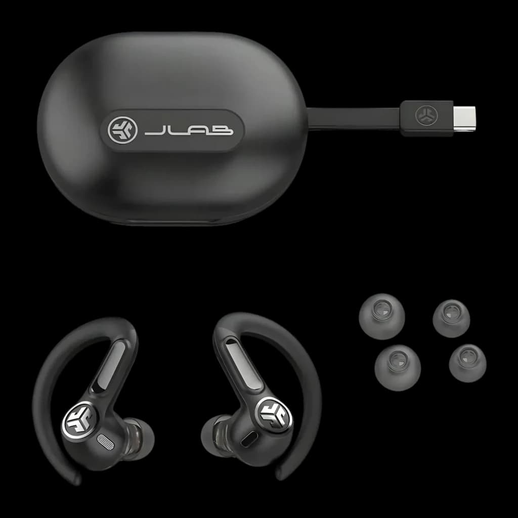 Auriculares JLab Audio Epic Sport ANC 3 Cancelación de Ruido híbrida ANC, detalle: estuche negro con cable USB-C, earbuds