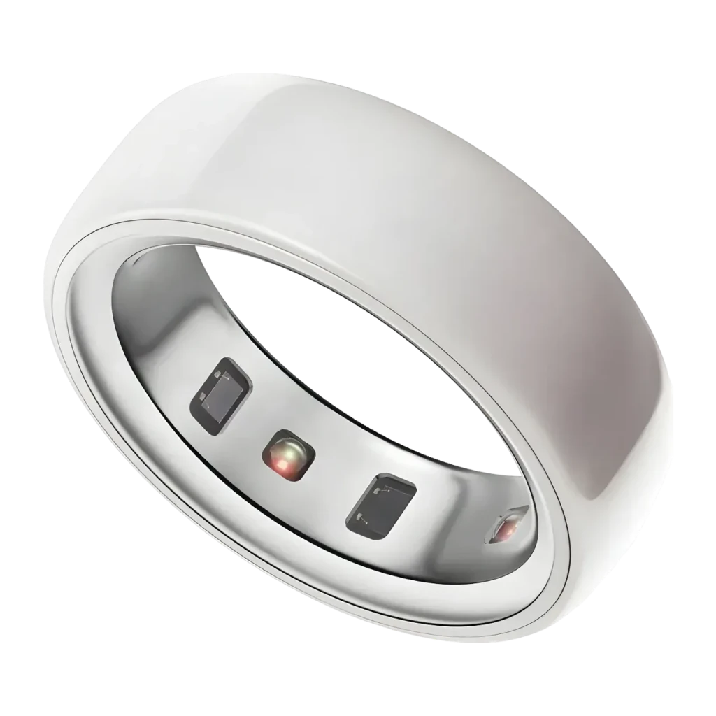 Oura Ring 4 Ceramic Talla 10 Blanco Temperatura Corporal, detalle: interior plateado con sensores LED y ópticos visibles