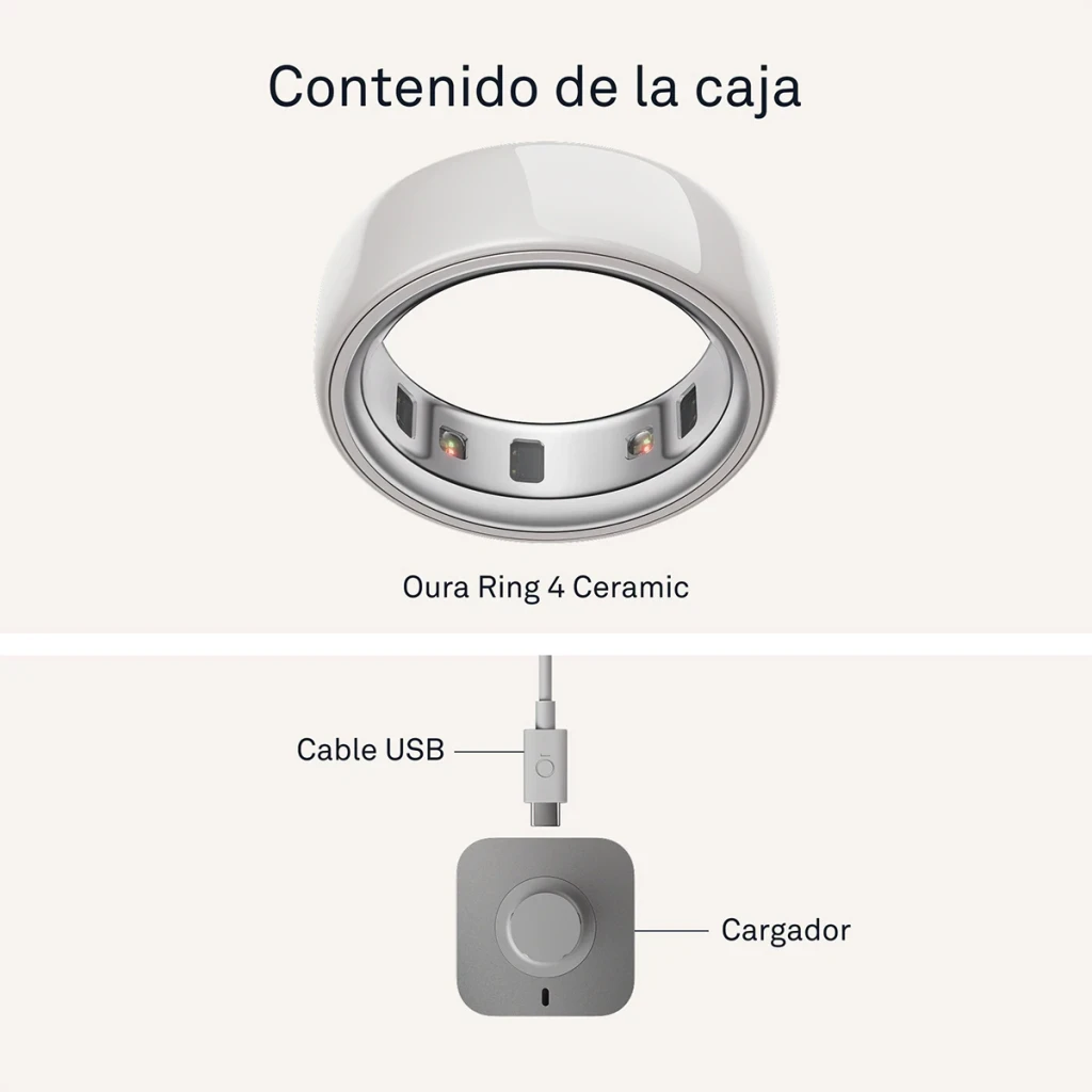 Oura Ring 4 Ceramic Talla 10 Blanco Temperatura Corporal, contenido de la caja: anillo con sensores visibles, cargador