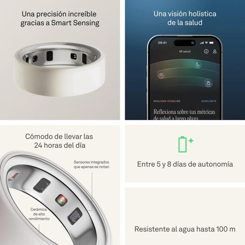 Oura Ring 4 Ceramic Talla 10 Blanco Temperatura Corporal, en uso: sensores interiores, app de salud, autonomía y resistencia