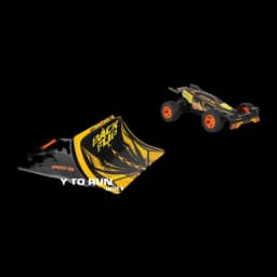 Coche RC Carrera Orange Jumper 2.4GHz 1:32 15km/h 12min, vista lateral: buggy negro con ruedas naranjas junto a rampa