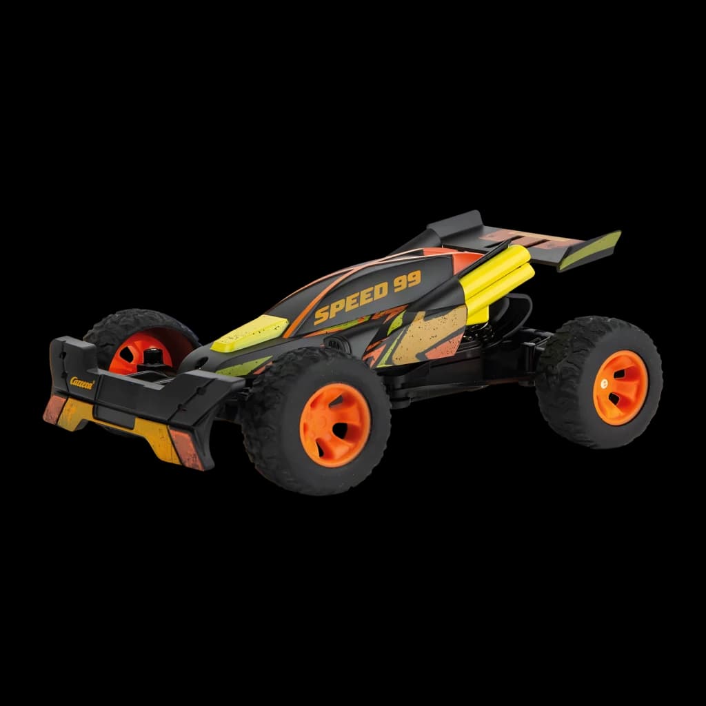 Coche RC Carrera Orange Jumper 2.4GHz 1:32 15km/h 12min, vista trasera lateral: carrocería negra con gráficos Speed 99