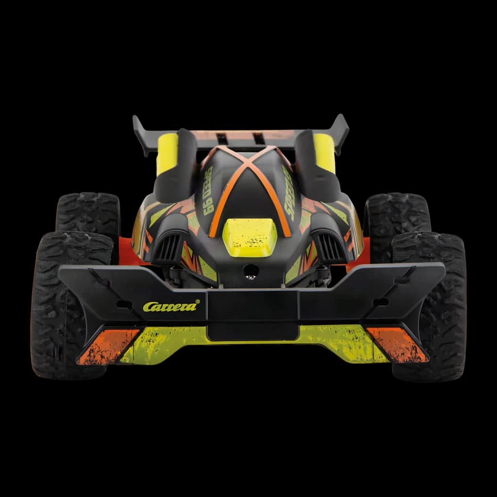 Coche RC Carrera Orange Jumper 2.4GHz 1:32 15km/h 12min, vista trasera: alerón, ruedas todoterreno y logo Carrera