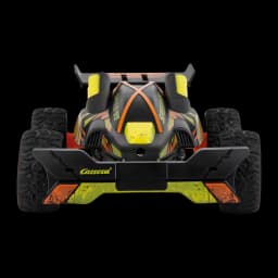 Coche RC Carrera Orange Jumper 2.4GHz 1:32 15km/h 12min, vista trasera: alerón, ruedas todoterreno y logo Carrera
