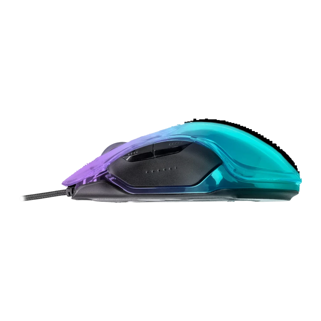 Ratón Gaming Phoenix Technologies Banshee RGB Cable USB Trenzado 10000 DPI, vista lateral: iluminación RGB púrpura y cian