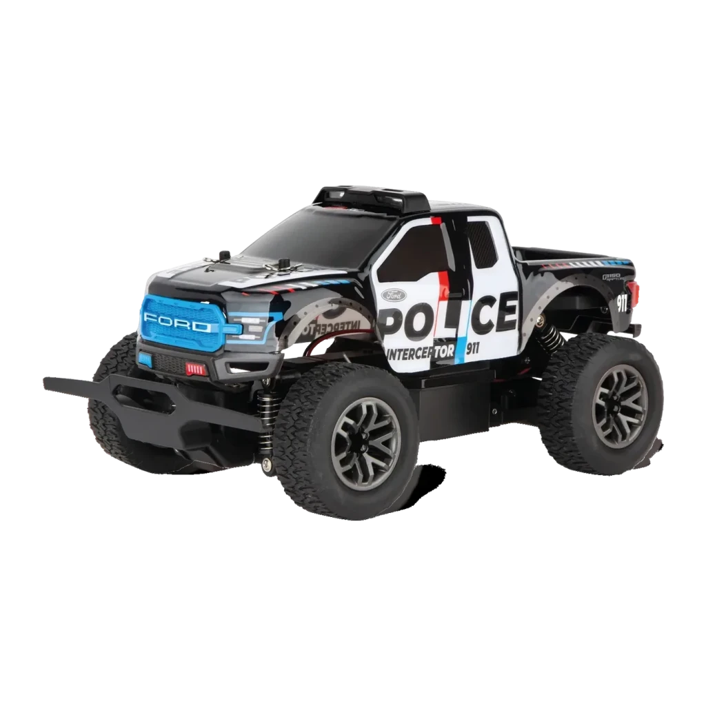 Coche RC Carrera Ford Raptor Police 2.4 GHz 1:18 25km/h 20min autonomía F-150, vista frontal 3/4: decoración Police