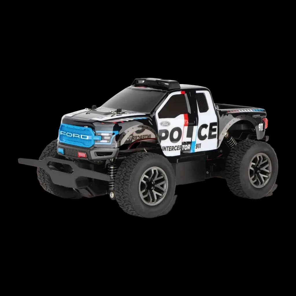 Coche RC Carrera Ford Raptor Police 2.4 GHz 1:18 25km/h 20min autonomía F-150, vista frontal 3/4: decoración Police