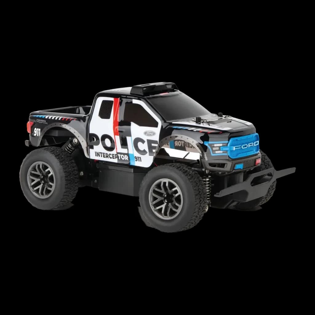 Coche RC Carrera Ford Raptor Police 2.4 GHz 1:18 25km/h 20min autonomía F-150, vista lateral-frontal: decoración Police