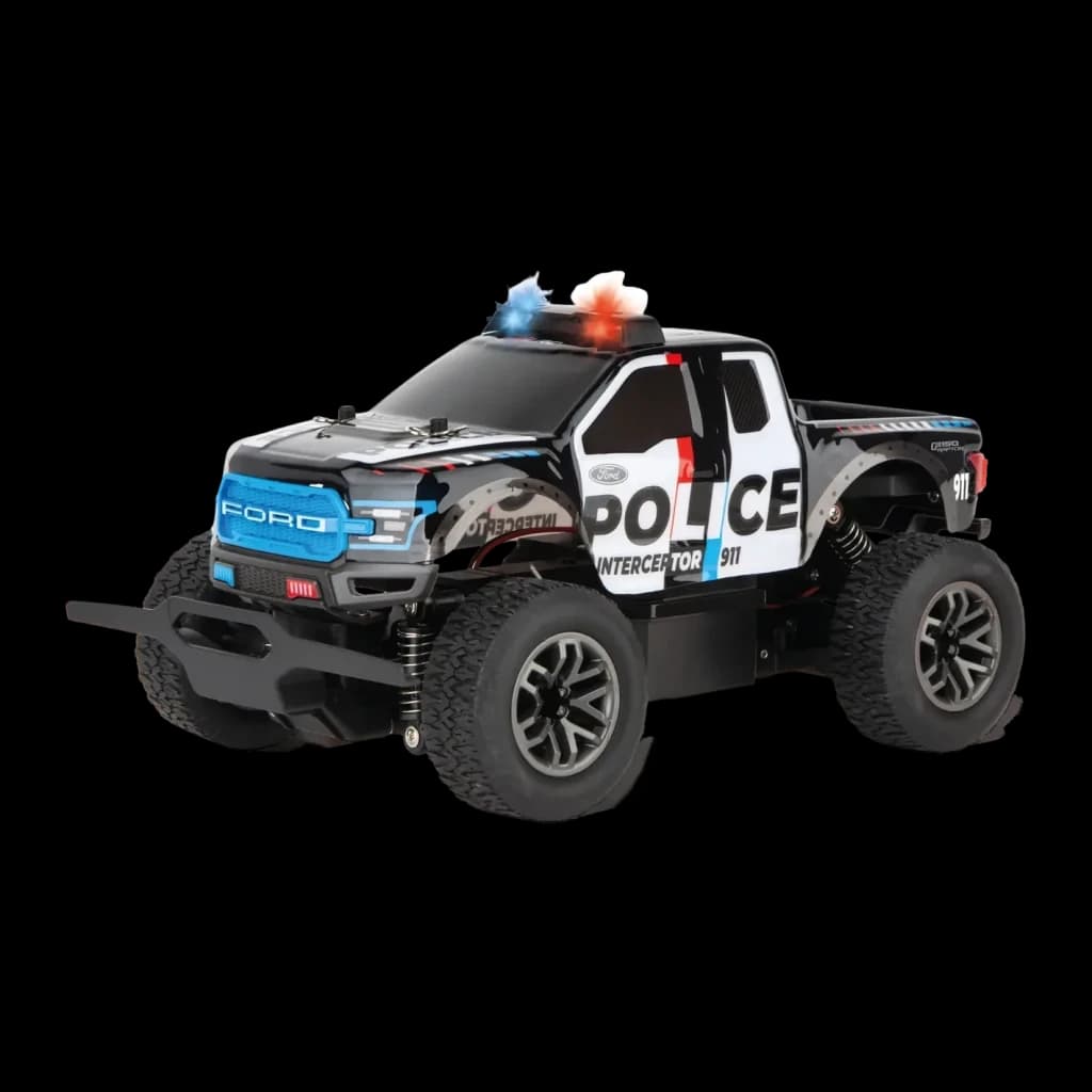 Coche RC Carrera Ford Raptor Police 2.4 GHz 1:18 25km/h 20min autonomía F-150, vista frontal 3/4: luces LED azul y roja