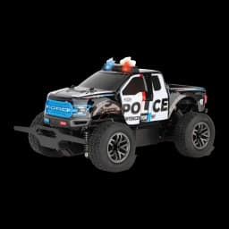 Coche RC Carrera Ford Raptor Police 2.4 GHz 1:18 25km/h 20min autonomía F-150, vista frontal 3/4: luces LED azul y roja