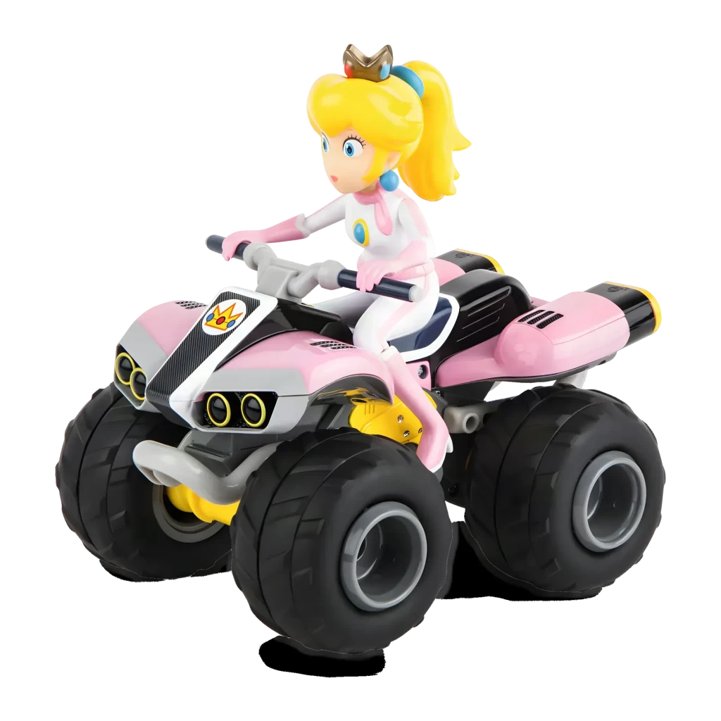 Carrera RC Mario Kart Peach Quad Rosa 1:20 9km/h 20min, vista diagonal frontal: figura Peach con corona sobre quad rosa