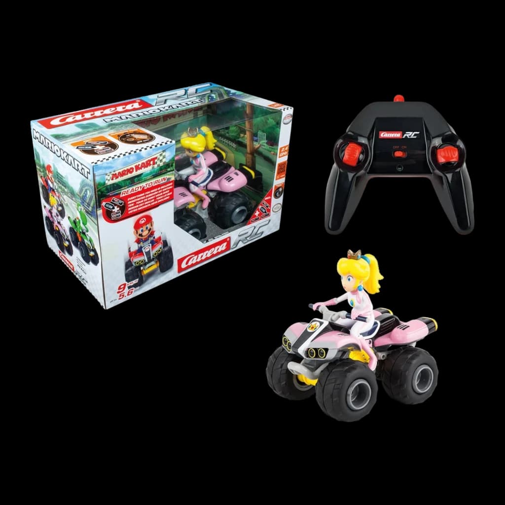 Carrera RC Mario Kart Peach Quad Rose 1:20 9km/h 20min, contenu: boîte, télécommande noire et quad avec figurine Peach