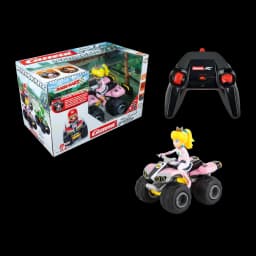 Carrera RC Mario Kart Peach Quad Rose 1:20 9km/h 20min, contenu: boîte, télécommande noire et quad avec figurine Peach