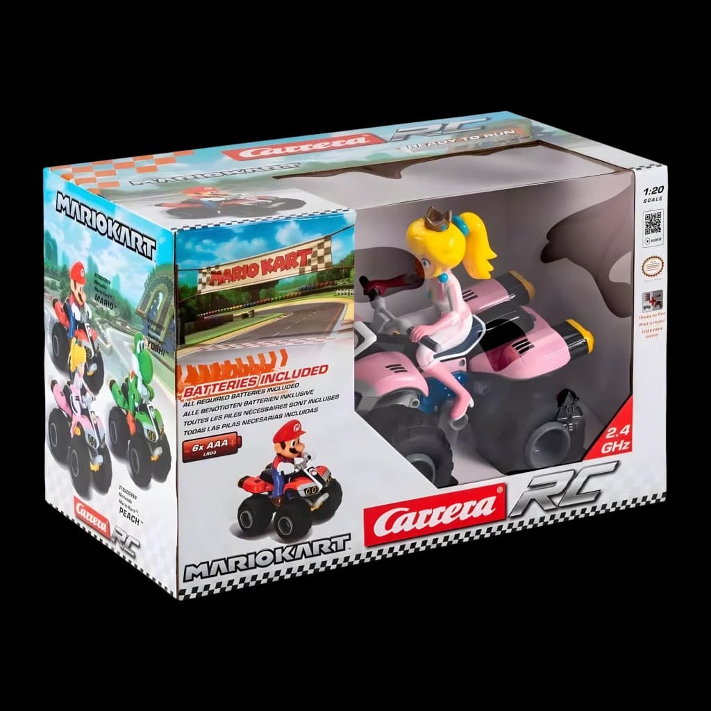 Carrera RC Mario Kart Peach Quad Rose 1:20 9km/h 20min, boîte: emballage avec fenêtre montrant la figurine de Peach