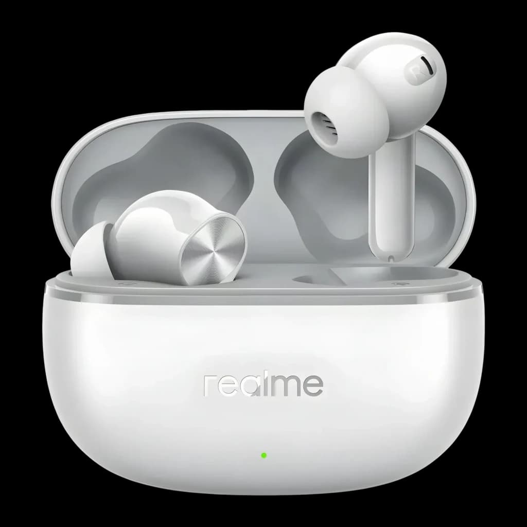Auriculares Realme Buds T200 Lite In-Ear TWS Bluetooth 5.4, vista frontal: estuche abierto blanco con logo realme