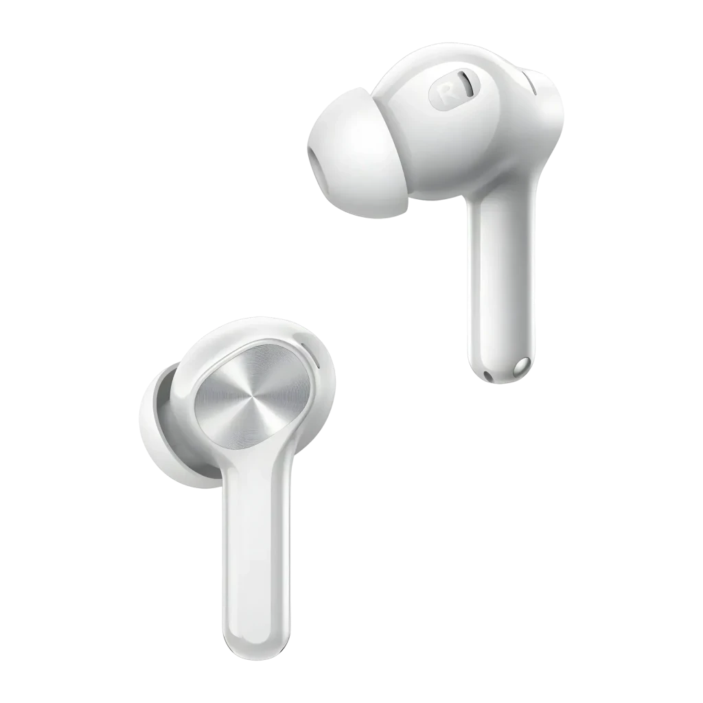 Auriculares Realme Buds T200 Lite In-Ear TWS Bluetooth 5.4, vista flotante: dos earbuds blancos con panel táctil metálico
