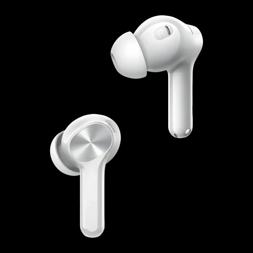 Auriculares Realme Buds T200 Lite In-Ear TWS Bluetooth 5.4, vista flotante: dos earbuds blancos con panel táctil metálico