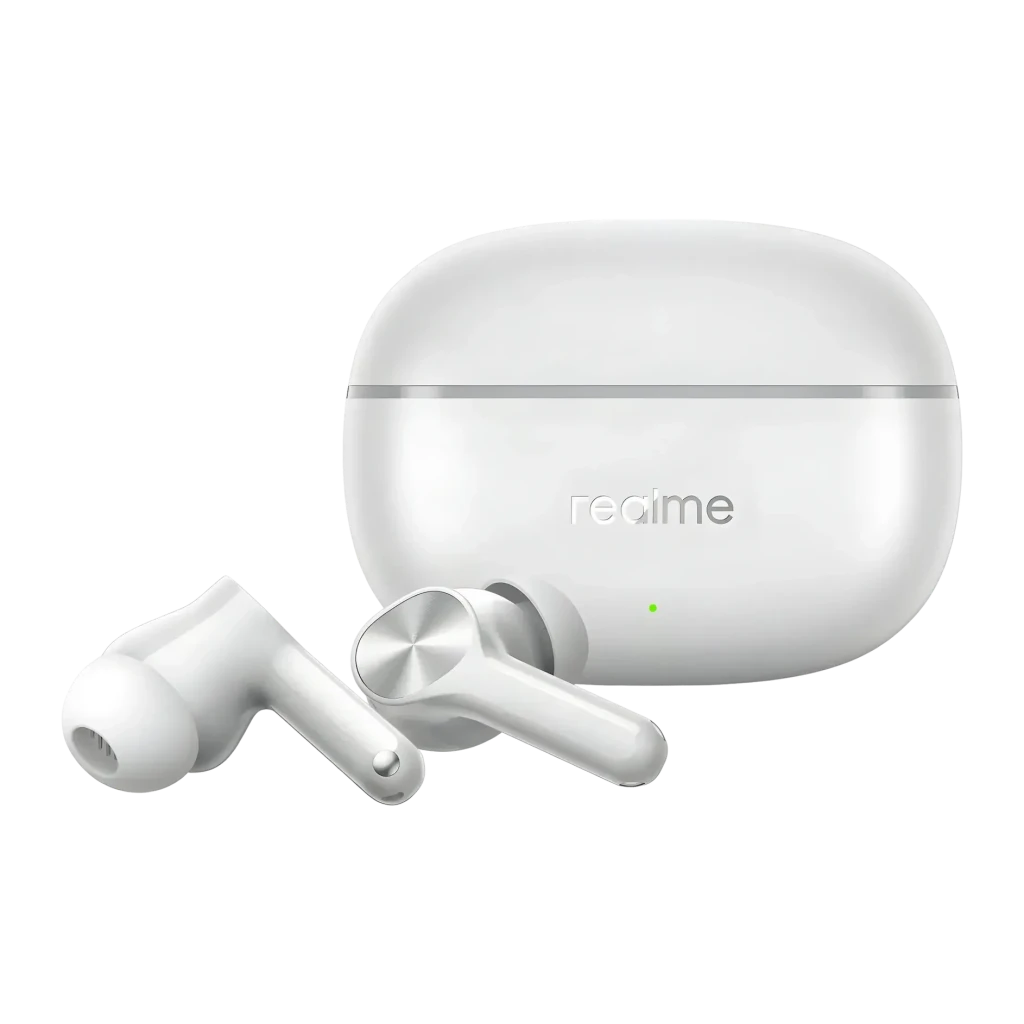 Auriculares Realme Buds T200 Lite In-Ear TWS Bluetooth 5.4, vista lateral: estuche blanco cerrado con logo realme, LED verde