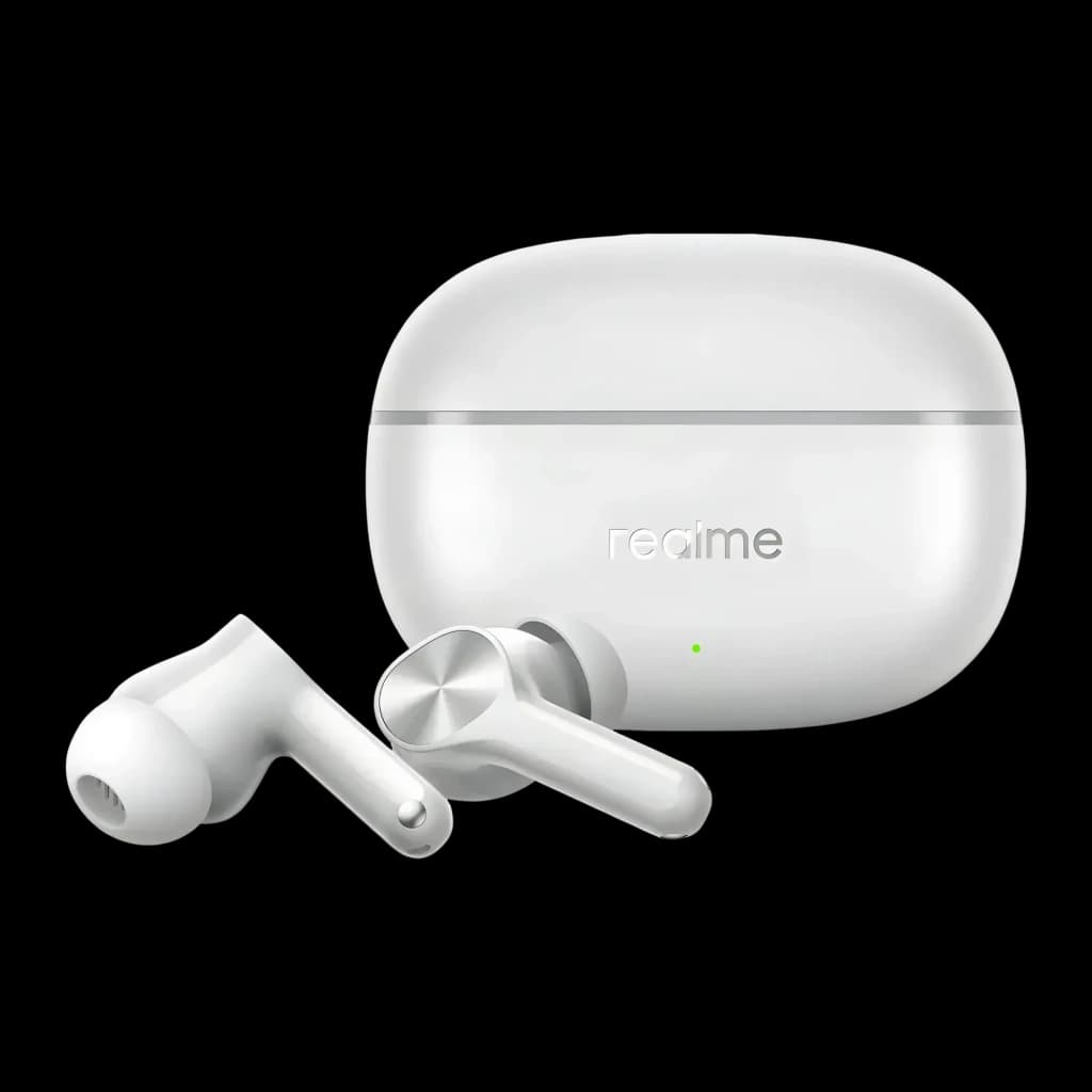 Auriculares Realme Buds T200 Lite In-Ear TWS Bluetooth 5.4, vista lateral: estuche blanco cerrado con logo realme, LED verde