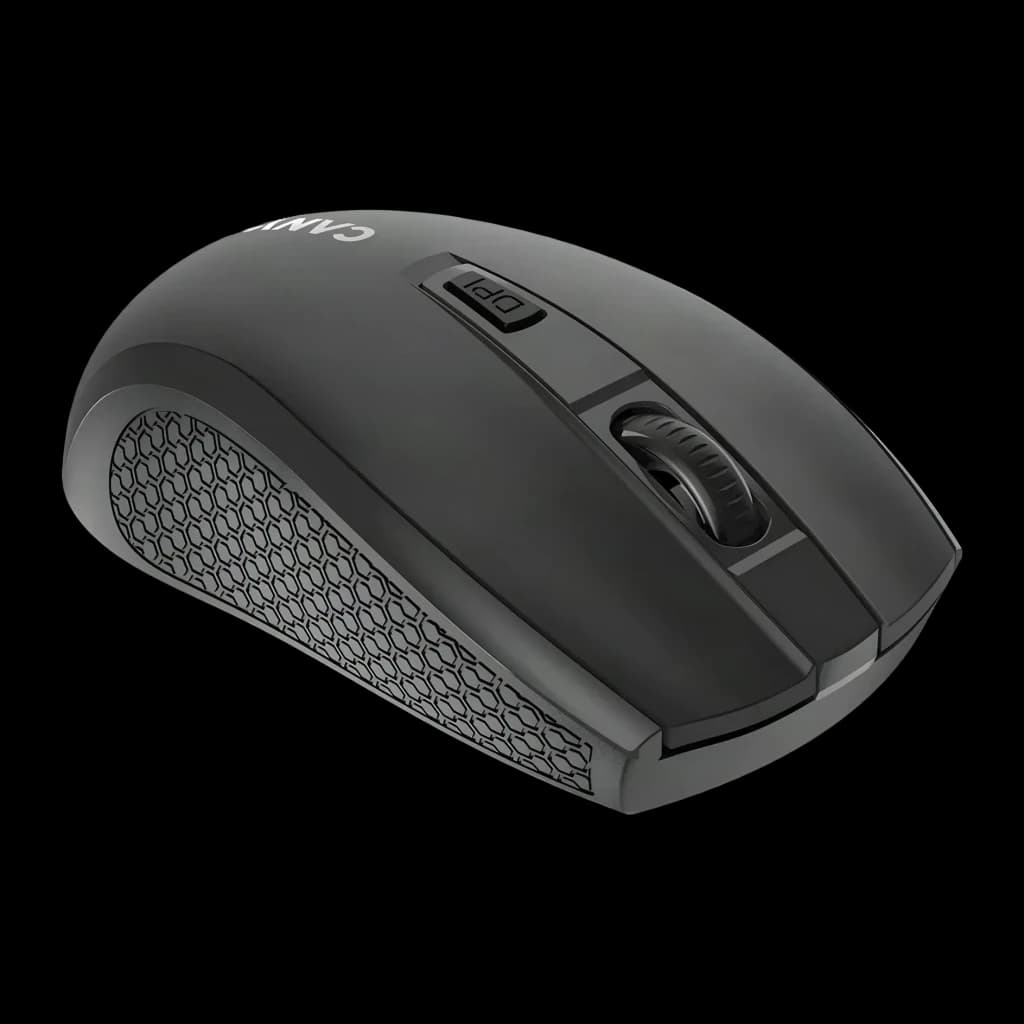 Rato sem fios Canyon MW-7 Preto RF 2.4GHz, vista lateral: roda de scroll, botão DPI e grip hexagonal texturizado