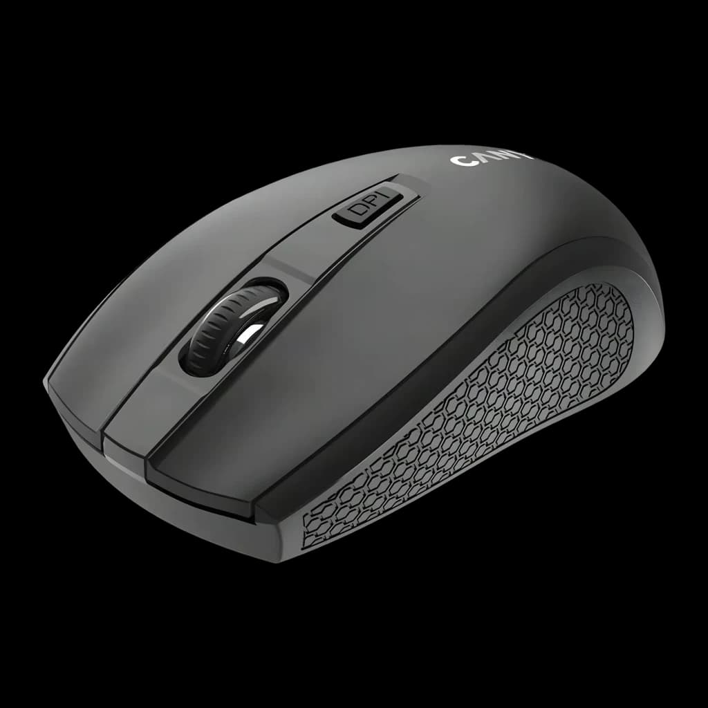 Rato sem fios Canyon MW-7 Preto RF 2.4GHz, vista lateral: roda de scroll, botão DPI e textura hexagonal no painel direito