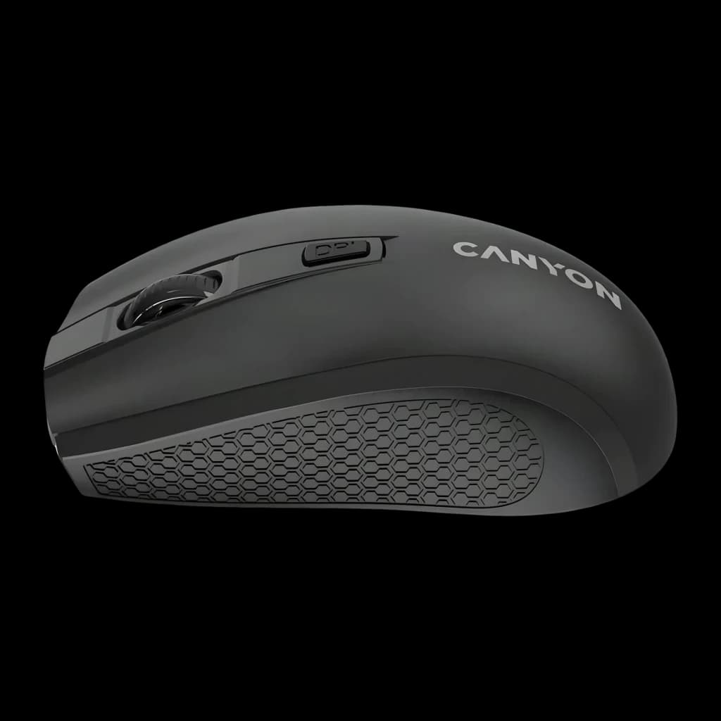 Rato sem fios Canyon MW-7 Preto RF 2.4GHz, vista lateral: roda, botão DPI e textura hexagonal na base