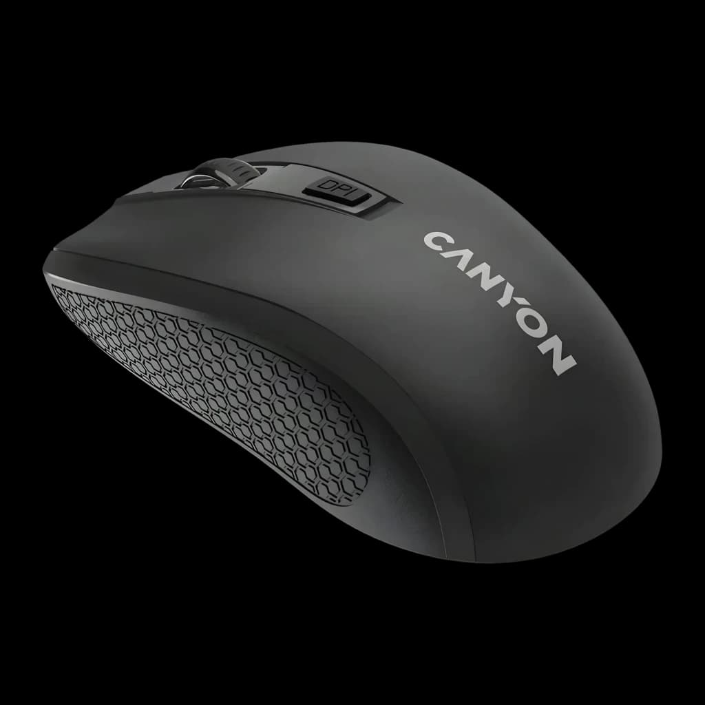 Rato sem fios Canyon MW-7 Preto RF 2.4GHz, vista lateral: textura hexagonal no lateral e botão DPI na parte superior