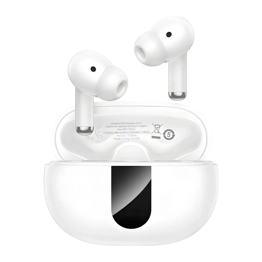 Auriculares HOCO EQ26 Cancelación de Ruido TWS In-Ear Bluetooth 5.4 7h, detalle: auriculares blancos flotando sobre estuche