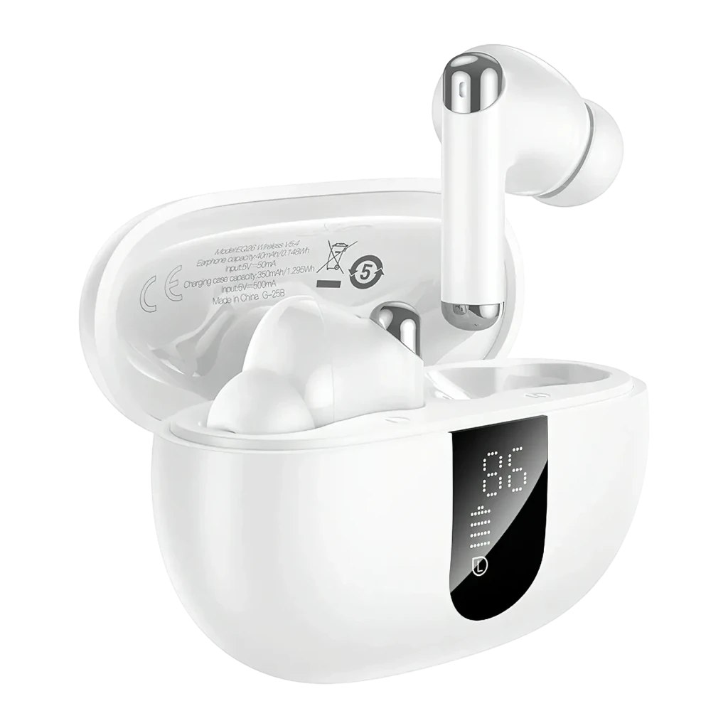 Auriculares HOCO EQ26 Cancelación de Ruido TWS In-Ear Bluetooth 5.4 7h, detalle: estuche abierto blanco con pantalla LED